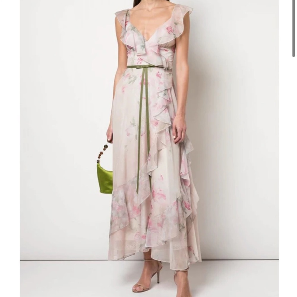 Marchesa Floral Ruffle Dress in Cream and Pink